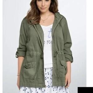 Torrid Olive Green Drawstring Hooded Full Zip Anorak Jacket Size 1X Pockets